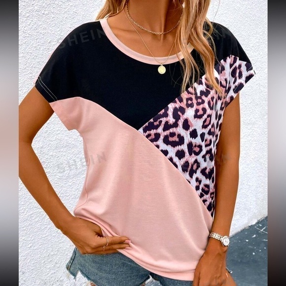 Women’s SHEIN LUNE Leopard Print Colorblock Batwing Sleeve Tee - Size XL - NWOT - Picture 4 of 4
